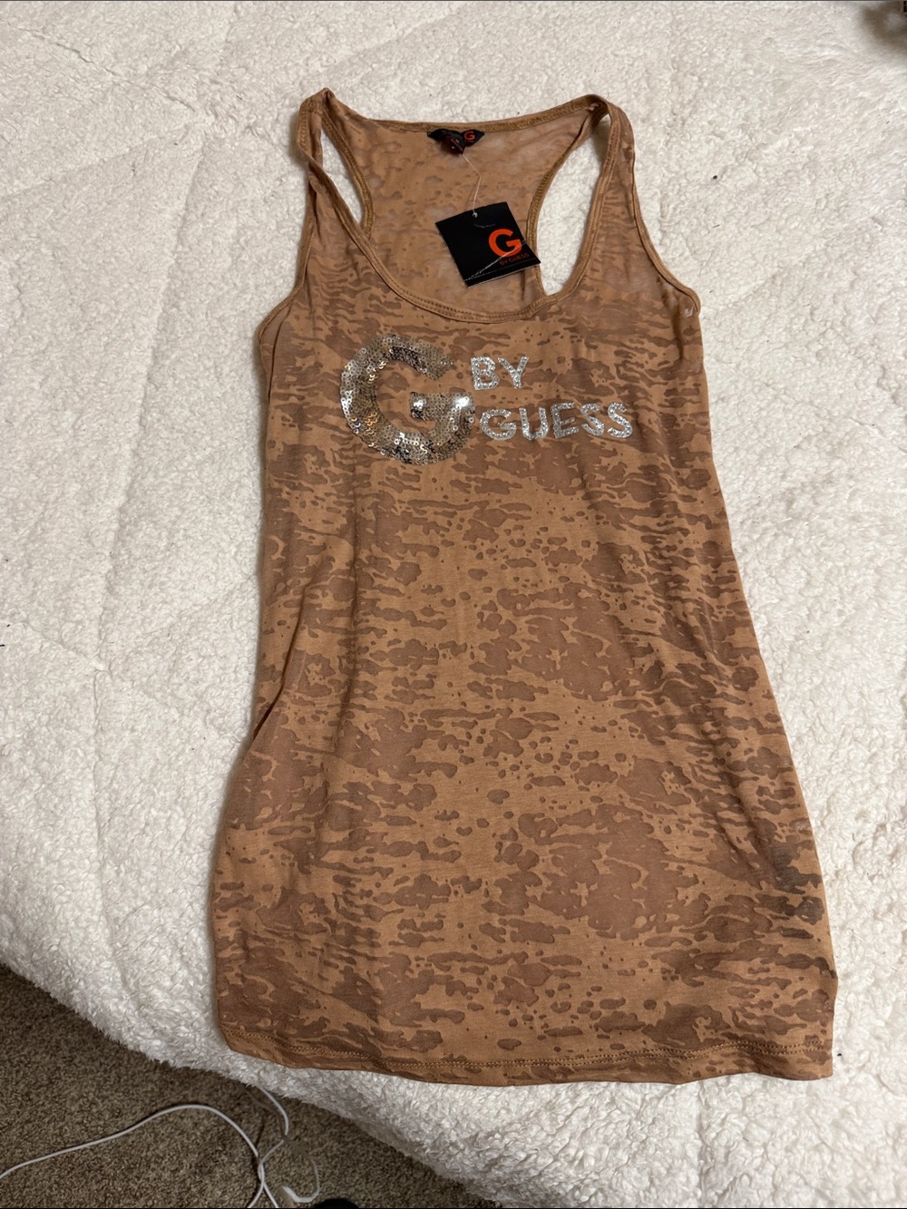 G by Guess Brown Burnout Racerback Tank with Silver Sequin Logo